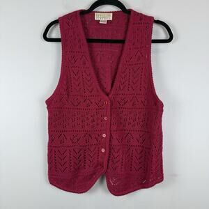 Vintage Ivy Club Womens Sweater Vest Sz M Pink Button Front Crochet Cottagecore